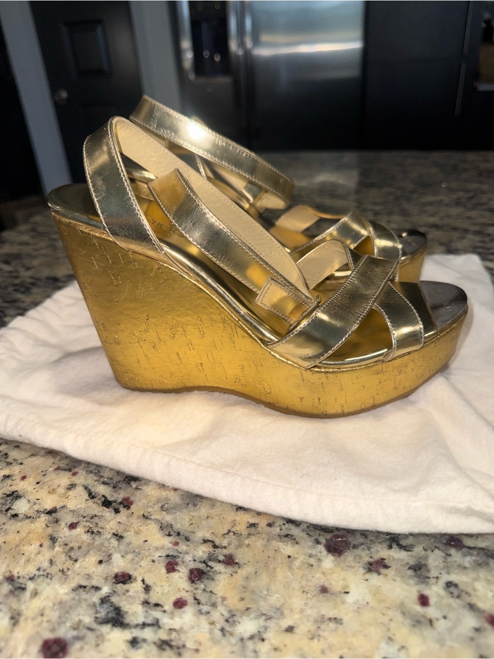 Jimmy Choo Papyrus Gold Cork Wedge Sandals